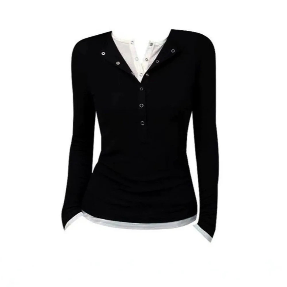 Spicy Girl V-Ausschnitt Langarm-Oberteil Patchwork Retro-Design Basic-Shirt Reverskragen Slim Fit Fake Zweiteiler T-Shirt Freizeitkleidung – Detail 6
