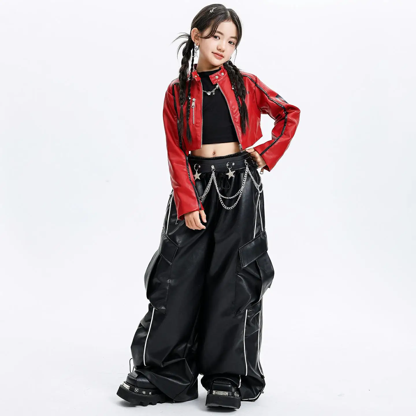 طفل Kpop الهيب هوب الملابس الأحمر فو الجلود زمم المحاصيل سترة سوداء بولي Street الشارع مخطط البضائع السراويل لفتاة ملابس رقص الملابس
