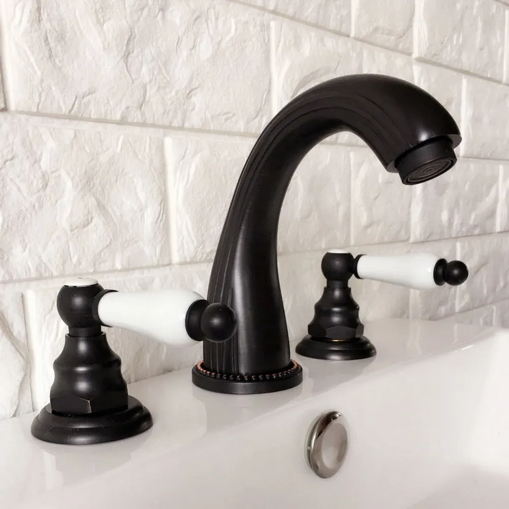 

Oil Rubbed Bronze Widespread Bathroom Basin Faucet Dual Handle 3 Holes Basin Mixer Sink Taps Deck Mounted zhg062