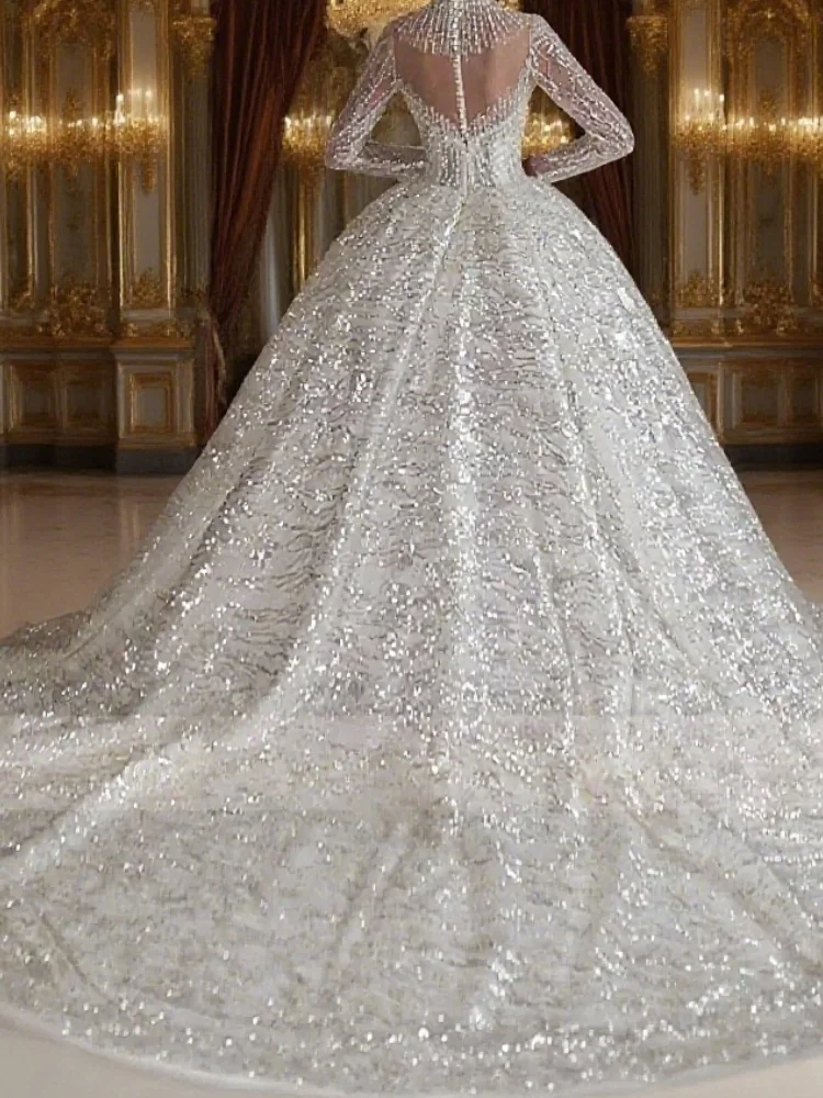 Vestido de baile lindo vestidos de casamento alta pescoço manga longa vestido renda lantejoulas brilhante real robe personalizado