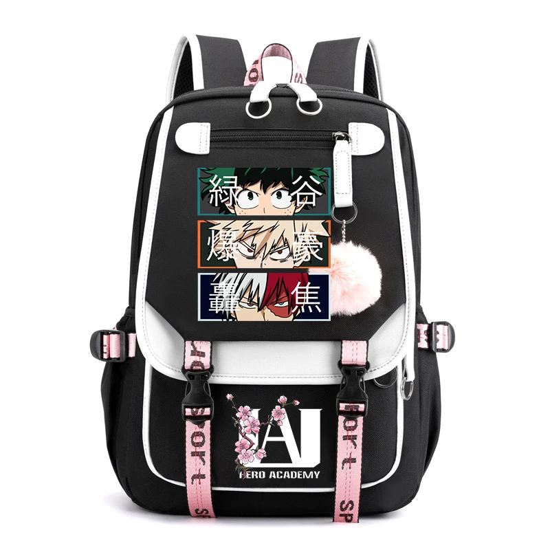 

USB Charging Backpack My Hero Academia Shoto Todoroki Bakugou Deku Anime Backpacks for School Teenager Girls Fluffy Ball Bookbag