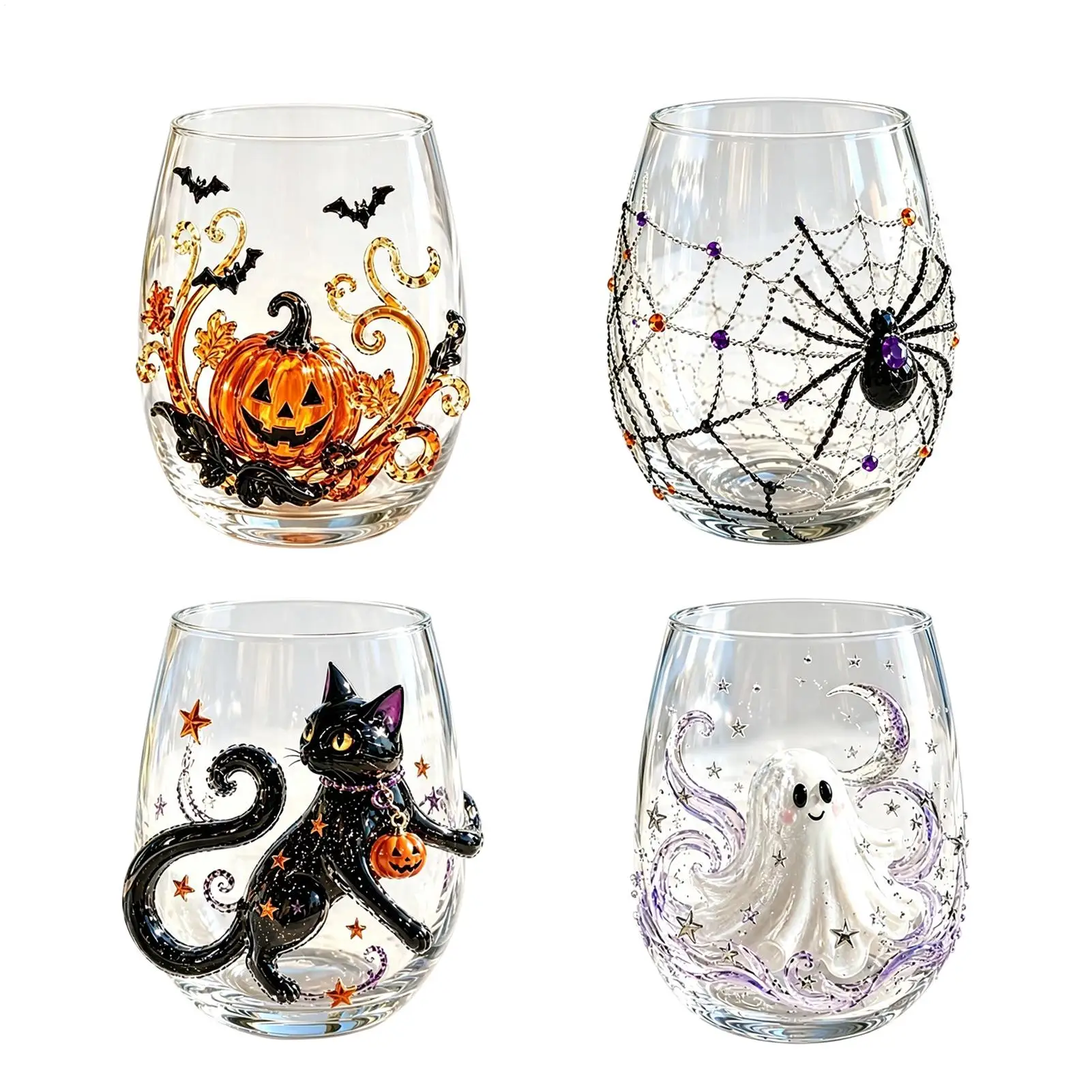 Halloween Drinking Glasses 300ML Stemless Clear Iced Coffee Cup Halloween 3D Funny Wine Glasses for Bar Home Decor Kitchen