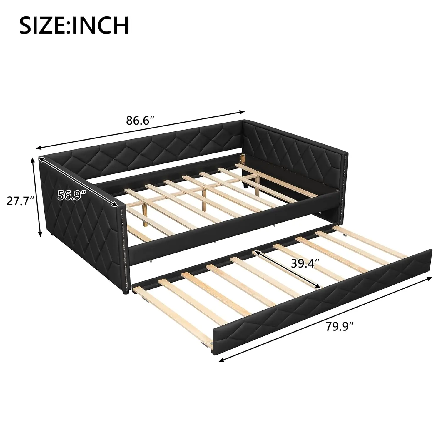 Full XL Daybed with Trundle, PU Leather Upholstered Frame, Twin Guest Bed, Space-Saving Bedroom Furniture, Customized