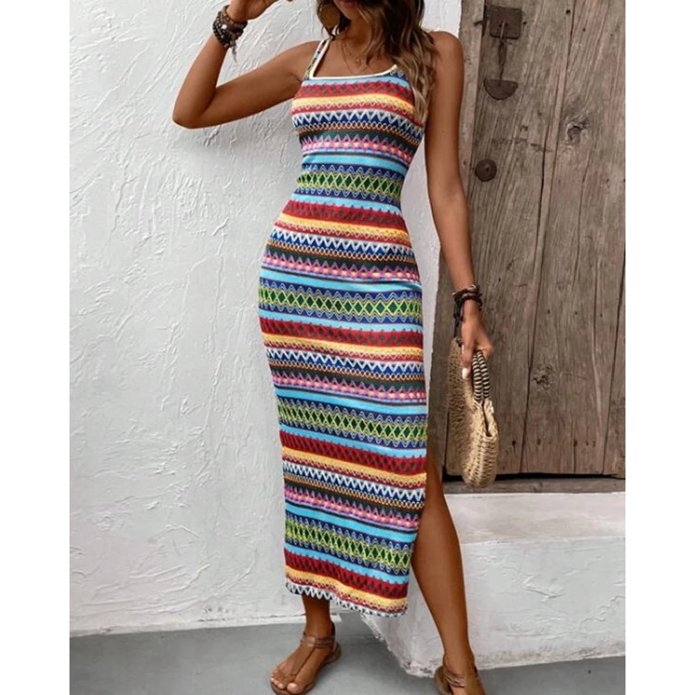 

New In Women Bodycon Geometric Pattern U Neck Side Slit Summer Dress Sleeveless Midi Dress Fashion Casual Outfits Streetwear