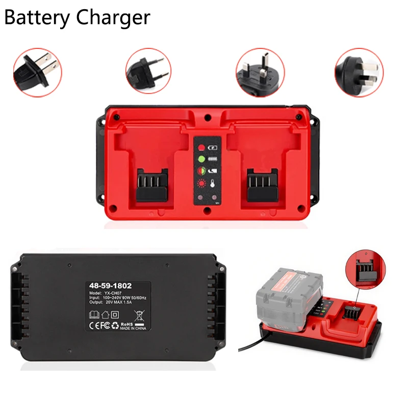 

Быстрое зарядное устройство 90 Вт с двойной зарядкой для литий-ионного аккумулятора Milwaukee 18 В 48-11-1815 48-11-1820, замена зарядного устройства