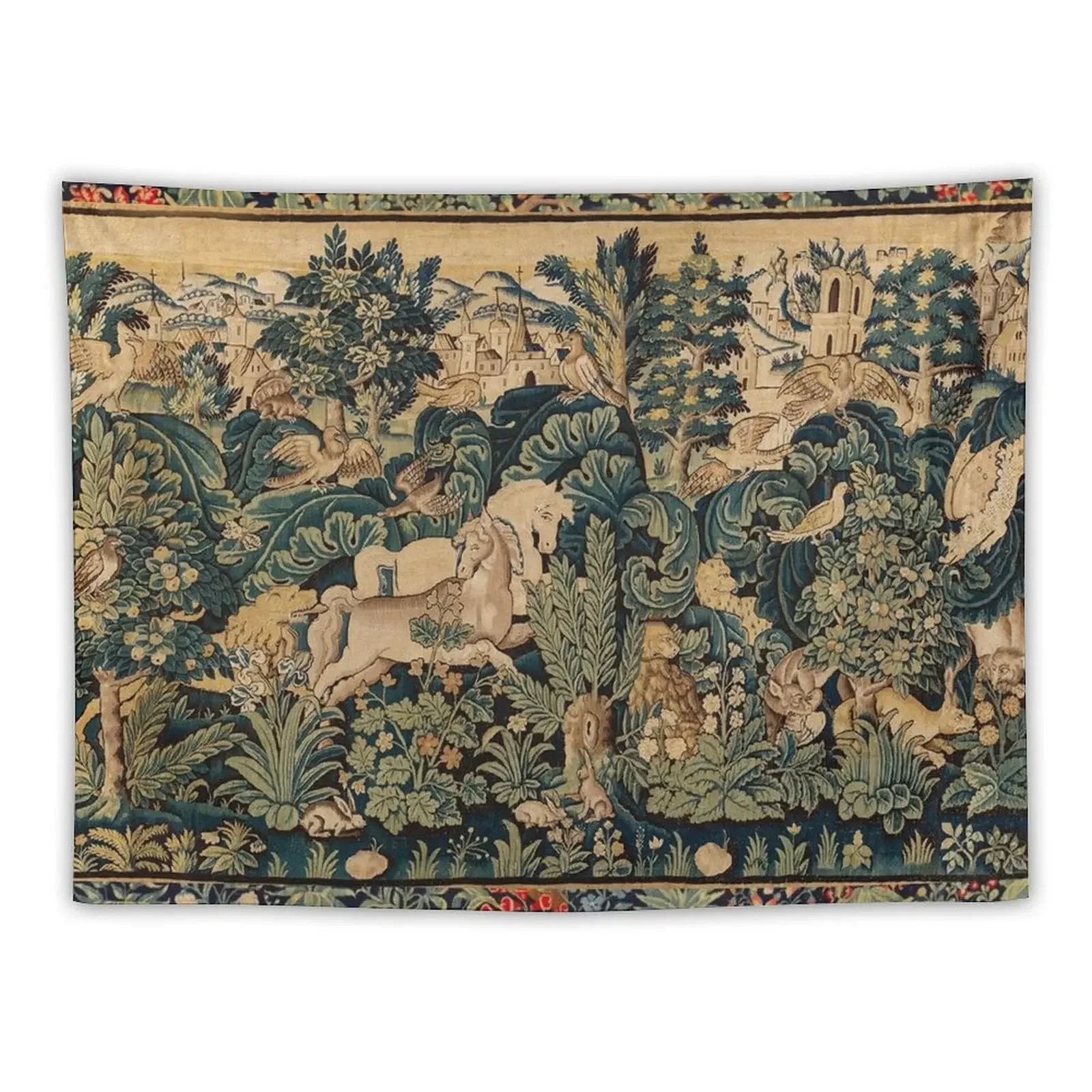 

FANTASTIC ANIMALS AND HORSES IN WOODLAND Blue Green Ivory Antique French Tapestry Decor Home Tapestry