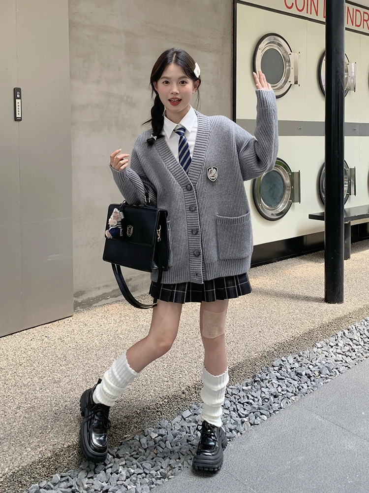 

Tokyo Seasonal Record JK Uniform Set Grey Lazy Style Loose Knitted Cardigan Sweater And Skirt Two-Piece Set for Women