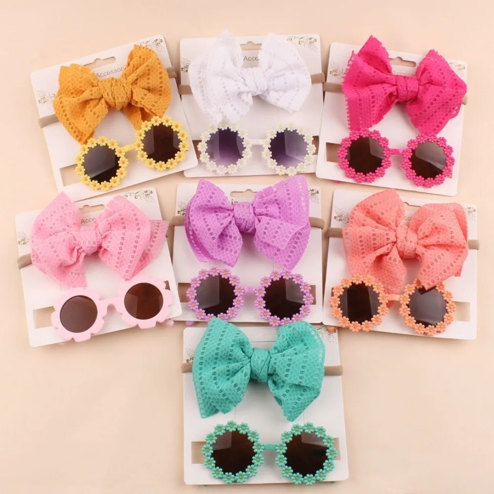 

2pcs/set Soft Elastic Children Bowknot Headband Cotton Solid Color Baby Bows Turban Wide Kids Sunglasses Set Photography Prop
