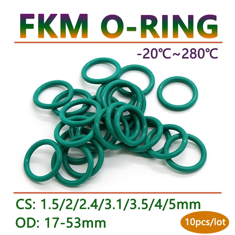 10pcs CS 1.5 2 2.4 3.1 3.5 4 5mm Green FKM Fluorine Rubber O Ring Gasket OD 17-53mm O-Ring Seal Washer Oil and Acid Resistant