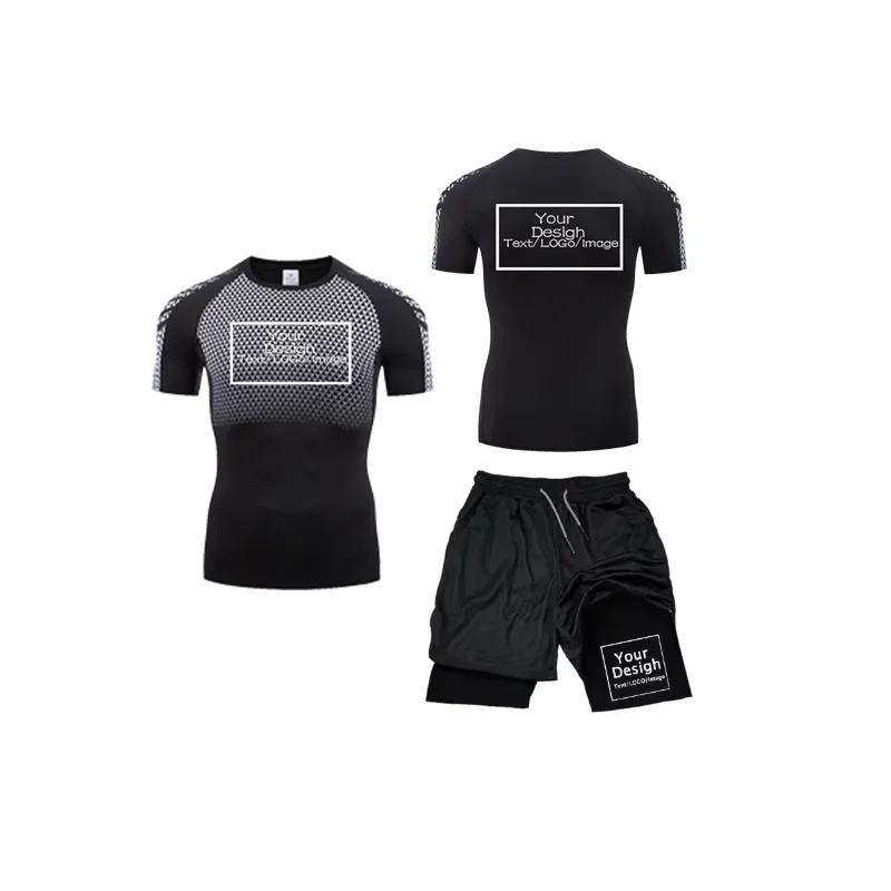 Men's Custom Printed Compression Set Your Design Logo Gym Shirt +Workout Shorts Quick Dry Breathble Athletics Rashguard Suits