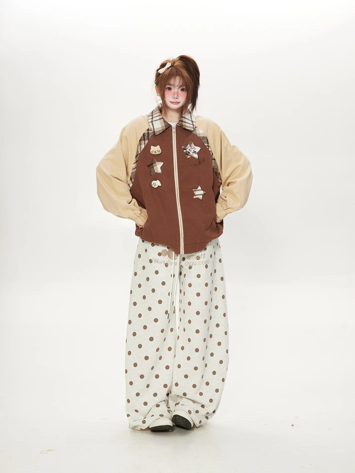 

Embroidered Plaid Patchwork Collar Jaet Women's Spring Autumn Design Retro Outerwear Top Cotton Casual Sle