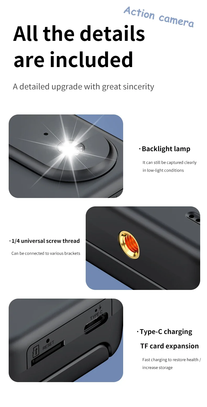 Action Camera Recorder Flip Screen 4K HD Ultra Clear Recording VLOG Anti Shake 143 ° Wide-angle Helmet Outdoor Mini Cam