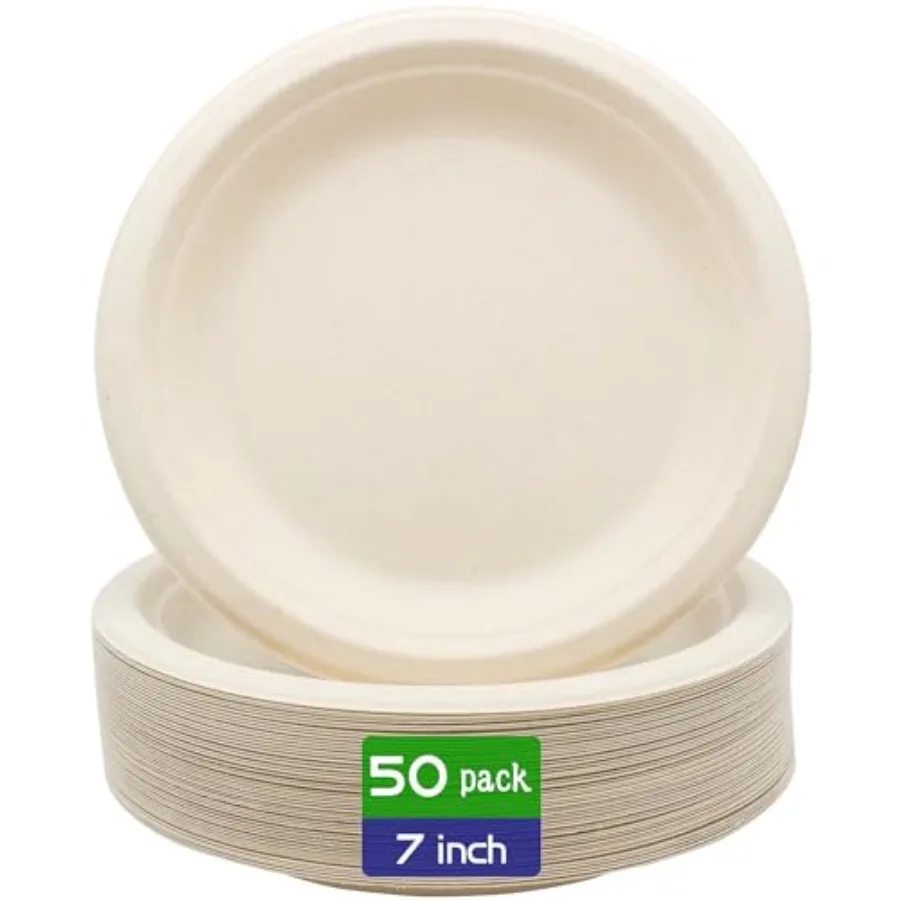 100% Compostable Disposable Paper Plates Heavy Duty Waterproof Plates-50 Pack 7 inch Eco-Friendly Plates, Natural Biodegradable