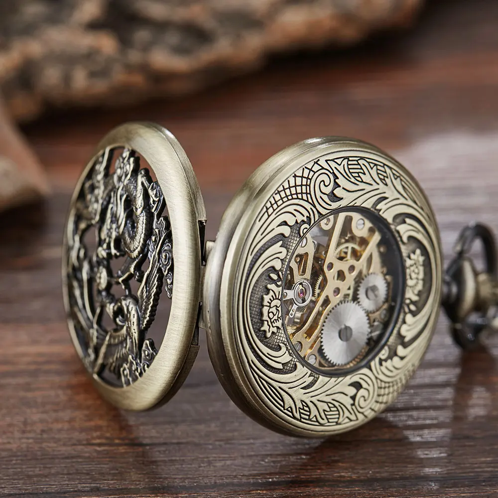 Vintage Black Mechanical Pocket Watches Mens Lucky Phoenix and Dragon Skeleton Pocket Watch Antique Roman Numerals