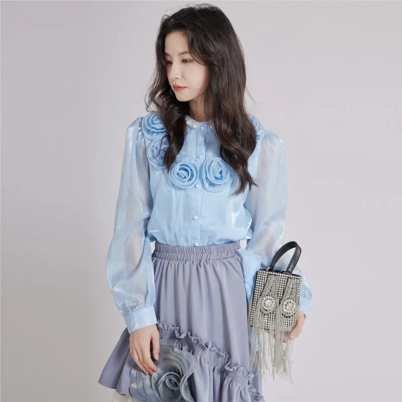 

Johnature French Fashion Women Top 2025 New Embroidered Beaded Stand-up Collar Lantern Sleeve Three-dimensional Flower Shirts