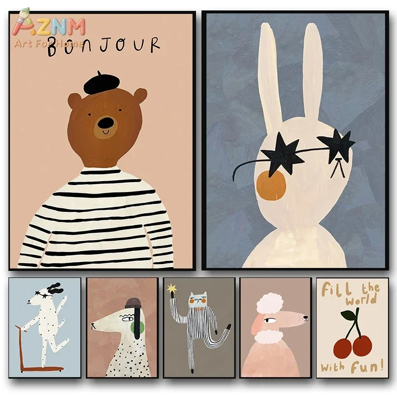 AZNM Cartoon Cute Animal Canvas Wall Art Bear Rabbit Cat Dog Abstract Hand Drawn Kids Room Decor Poster Unframed Canvas Painting