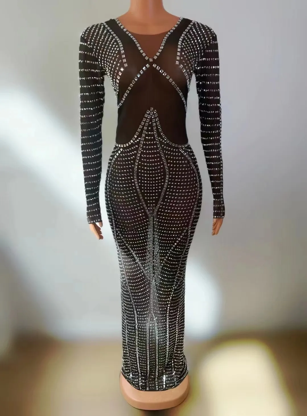 

Mesh Sequin Perspective Hot Diamond Tight Fitting Sexy Dress Party Host Banquet Nightclub Bar Performance Clothing