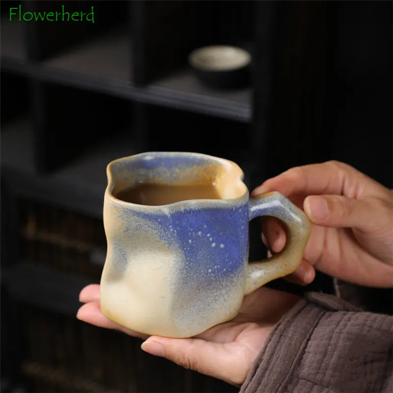 Irregular Shape Mug Kiln Change Ceramic Tea Coffee Cup with Handle Polychromatic Creative Pottery Water Mugs Coffee Cups Retro