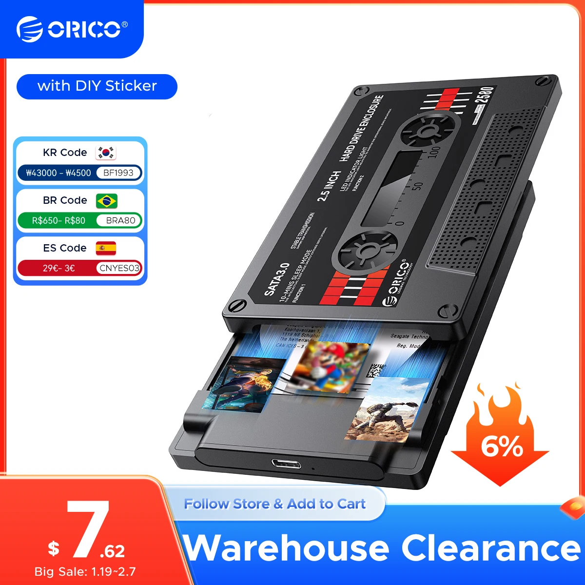 ORICO 2.5'' HDD Enclosure SATA to USB3.0 External Hard Drive Case 5Gbps / 6Gbps Type-C HDD Case With DIY Sticker