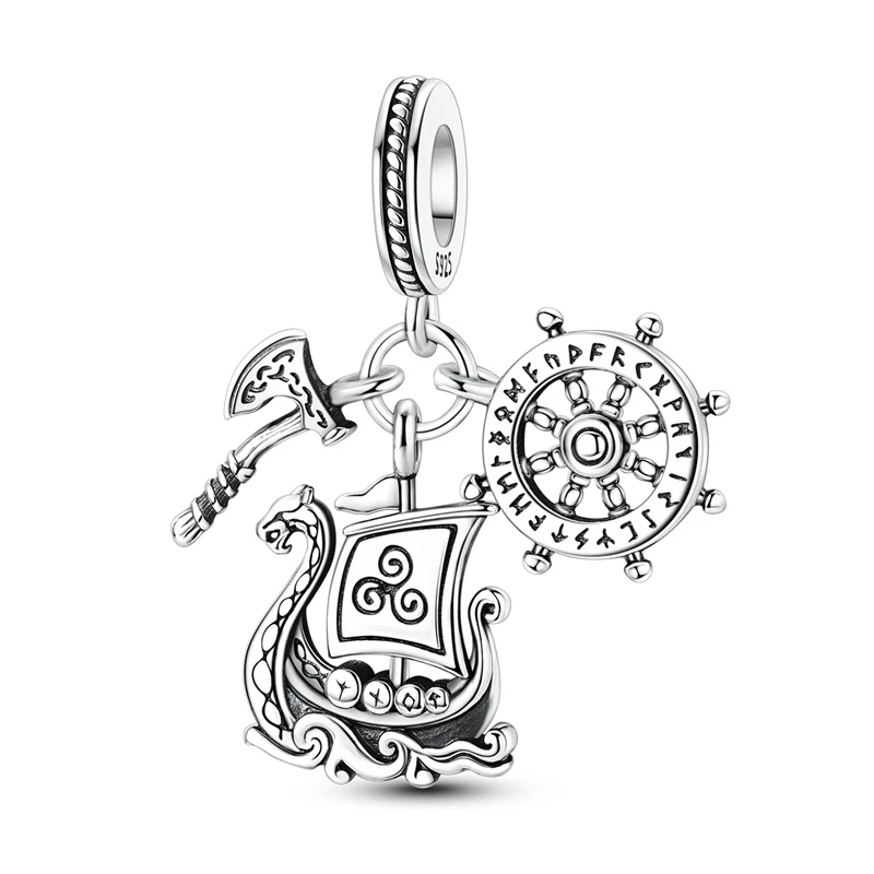 

925 Sterling Silver Charms Bead CZ Zircon Viking Ship Battle Axe Rudder Dangle Fit Original Bracelet DIY Women Jewelry Gift