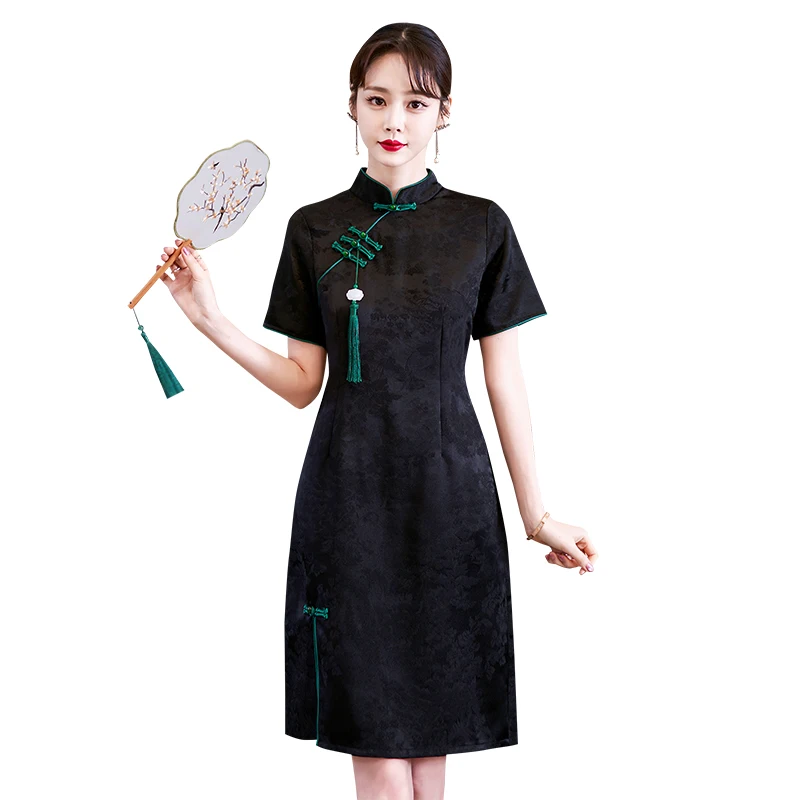 Traditional Chinese Clothing Retro Black Improved Cheongsam Summer New Short Sleeve Qipao Dress