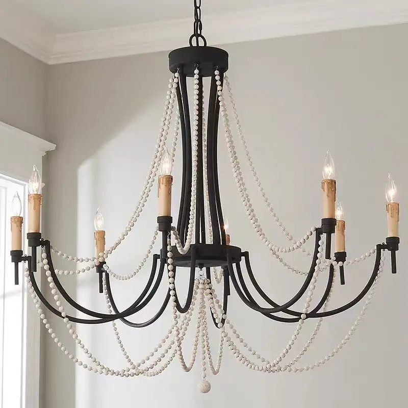 The rustic minimalist creative wrought iron wooden bead chandelier in the restaurant,the personalized lamps in the shopping mall