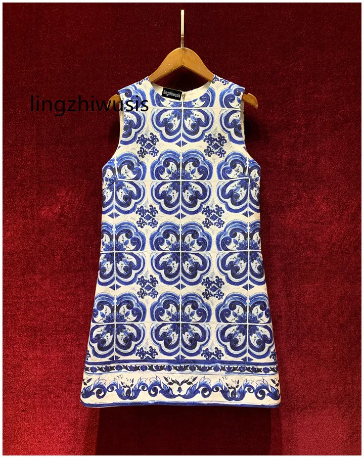 

lingzhiwusis Jacquard Dress French Vintage Porcelain Print A-Line Sleeveless Dresses Summer Top Quality 2024 Slim New Arrive