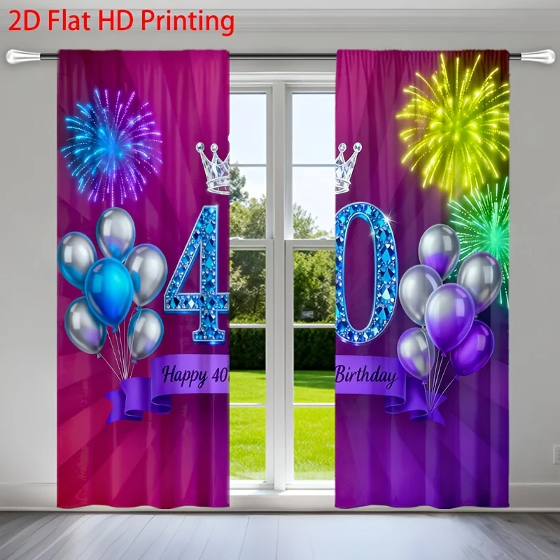 40th Birthday Curtain, Purple and Blue Glitter Number 40 with Crown, Balloons Celebration Pattern, Adult Party Window Drapes
