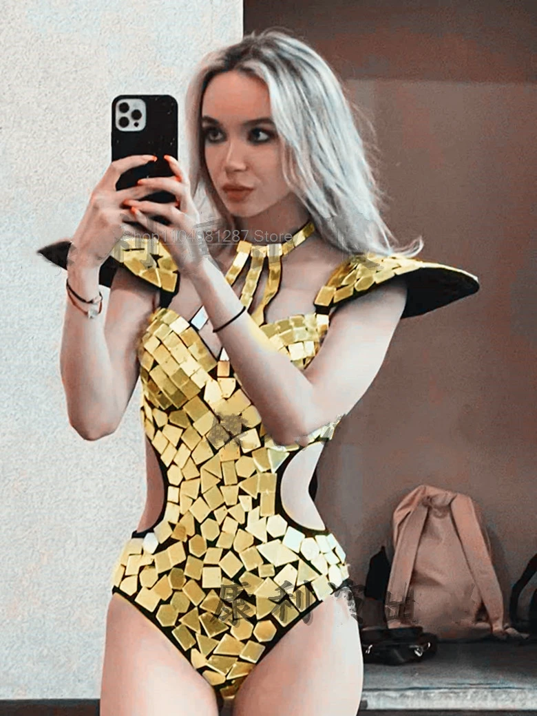 Mirror Bodysuit Women Dance Costume Gold Silver Sequins Fly Shoulder Hollow Out Rave Outfit Stage Performance Clothes Gogo Show