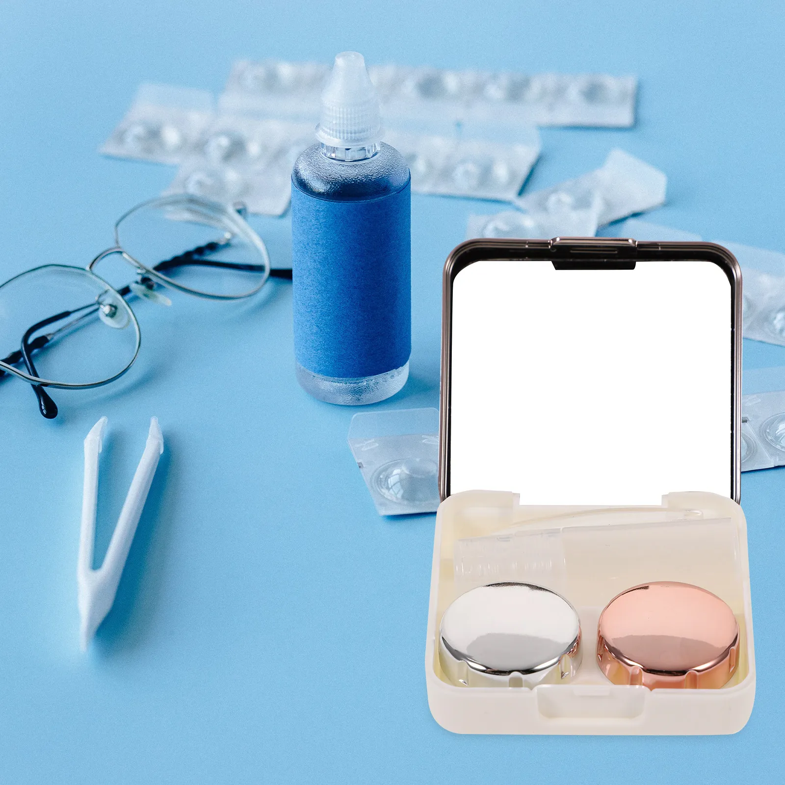 Mini Light Pink Lens Case Box Portable Holder Suitable for Travel Outdoor Lens Container with Mirror Tweezers Solution Bottle