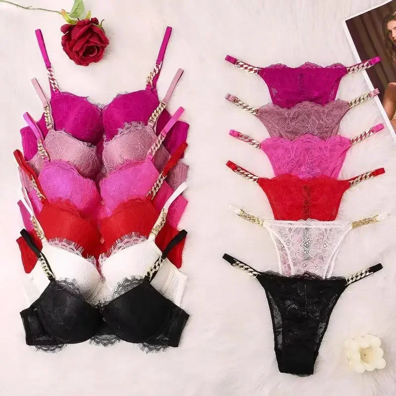 

Fashion Rhinestone Lingerie Sexy Lace Padded Brassiere Wedding Underwire Bra and Thong Sets for Women Female Push Up Underwear