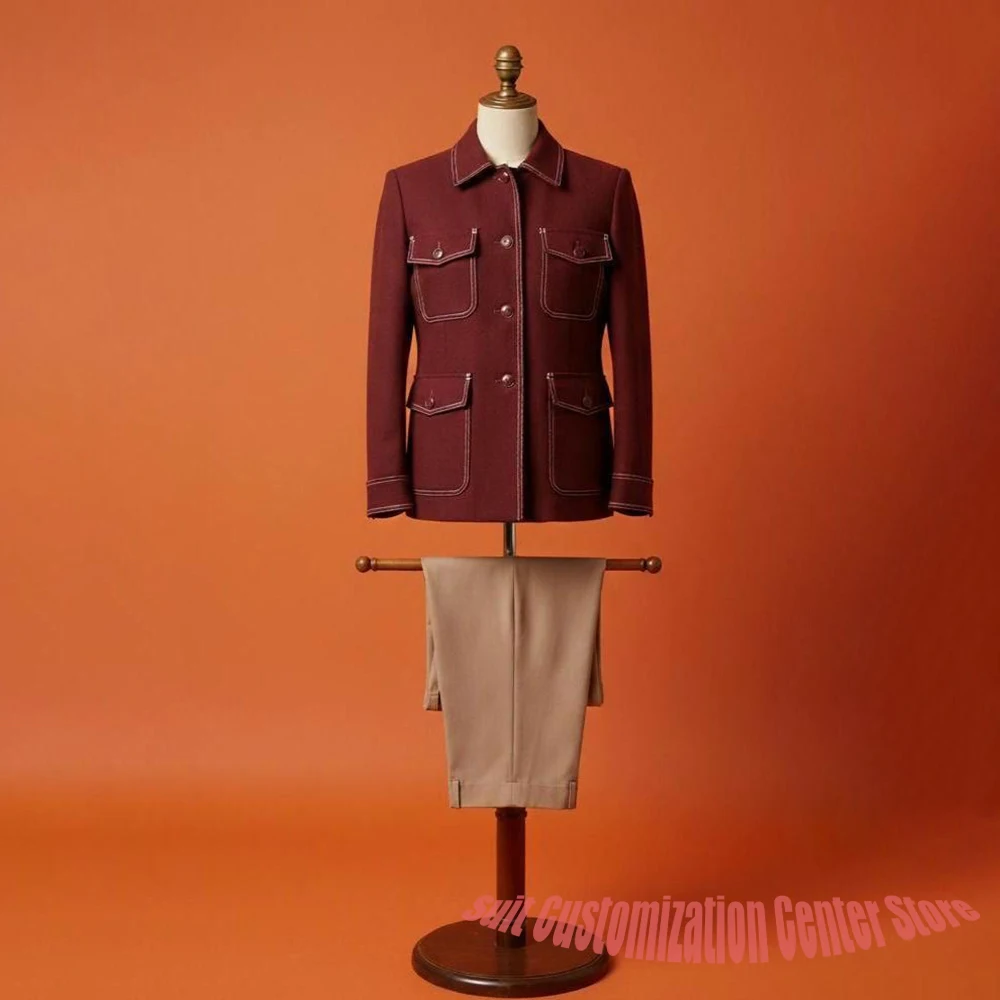 

Formal Men's Suits Burgundy Contrast Stitch Jacket+Beige Pants Set Single Breasted Retro Safari Style Business Male Outfit
