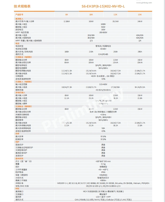 Jinlang Solis S6-EH3P (8-15) K02-NV-YD-L عاكس تخزين الطاقة ذو الجهد المنخفض ثلاثي الطور، المعايير الأوروبية