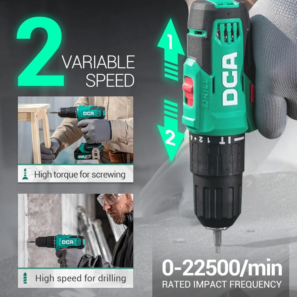 مجموعة مثقاب مطرقة لاسلكية 20 فولت، عزم دوران 354 رطل، ظرف بدون مفتاح 1/2 بوصة، 22500 IPM، سرعات متغيرة للخشب المعدني من الطوب