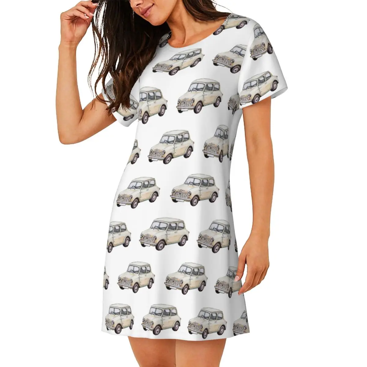 Classic White Mini Cooper In Watercolor Style Short Sleeves Nightdress For Sleeping Women Short Sleeve Nightgowns Pajama Dress