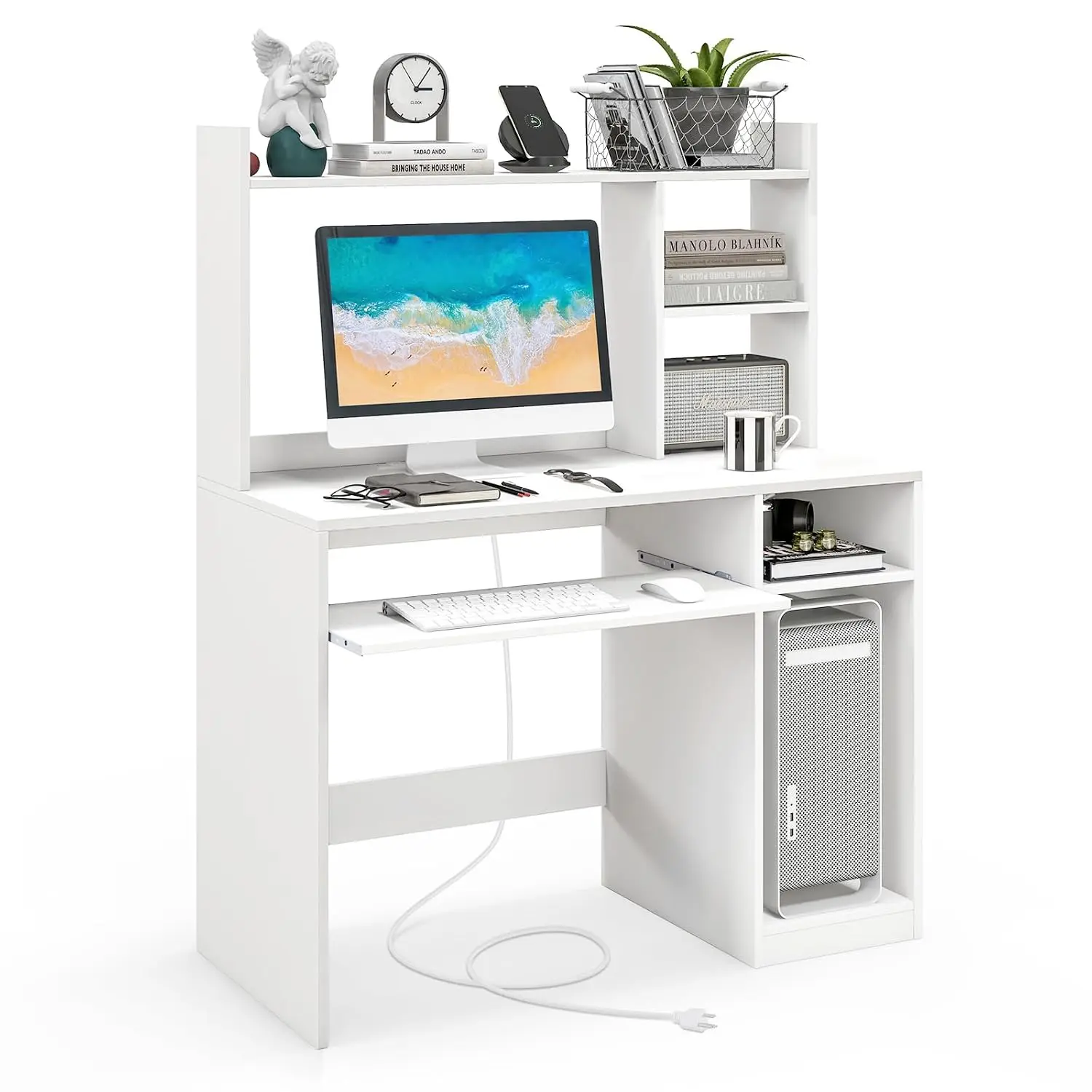 Computer Desk with Hutch, 43.5 Inch Home Office Desk with Keyboard Tray & Charging Station, Laptop Table for Workstation, Study