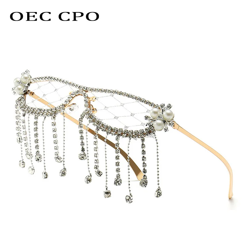 Fashion Tassel Diamonds Sunglasses Women Luxury Rhinestone Crystal Sun Glasses Female Steampunk Mesh Shades No Lens Eyewear
