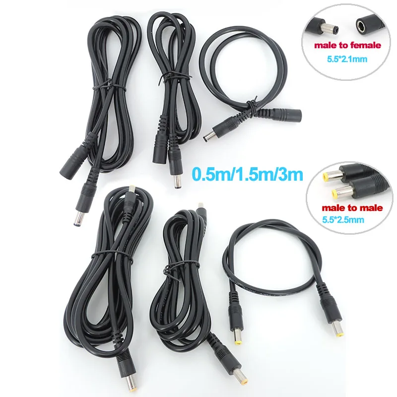 0.5m/1.5m/3m DC male to Male Plug Extension connector Cable 2.1mmx5.5mm 5.5x2.5mm for 12V Power Adapter Cord CCTV Camera Strip