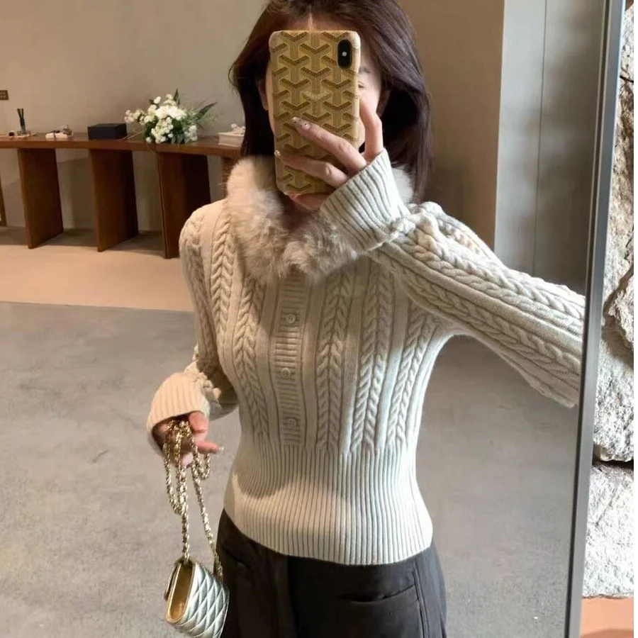 

Women's Knitted Sweater Winter Faion Simple Sle Versatile Slimming Detachable Fur Collar Twist Warm Top Ladieswear