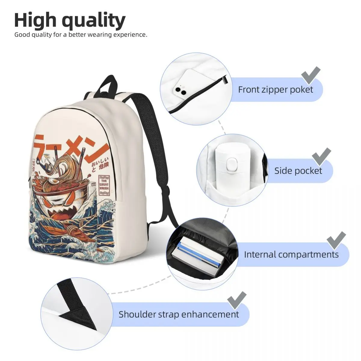 O grande Ramen Off Kanagawa Mochila, Estudante do ensino médio, Anime Japão Noodle Bookbag, Mochila para Adolescentes, Esportes Esportivos