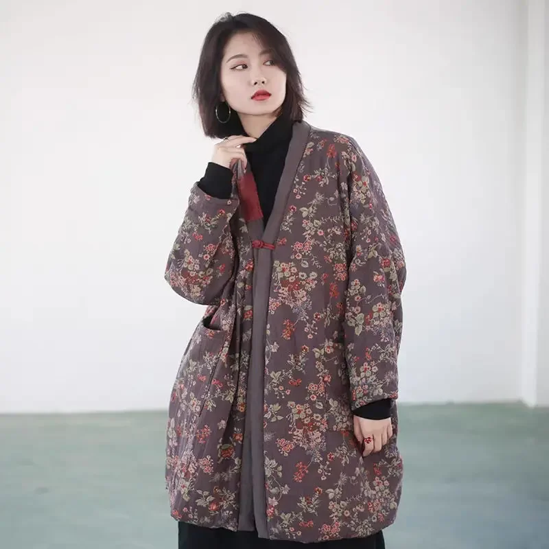 Women Long Coat Chinese Style Full Cotton V-Neck Solid Thick Winter Casual Single Button Vintage Women Long Coat Quilted Coats