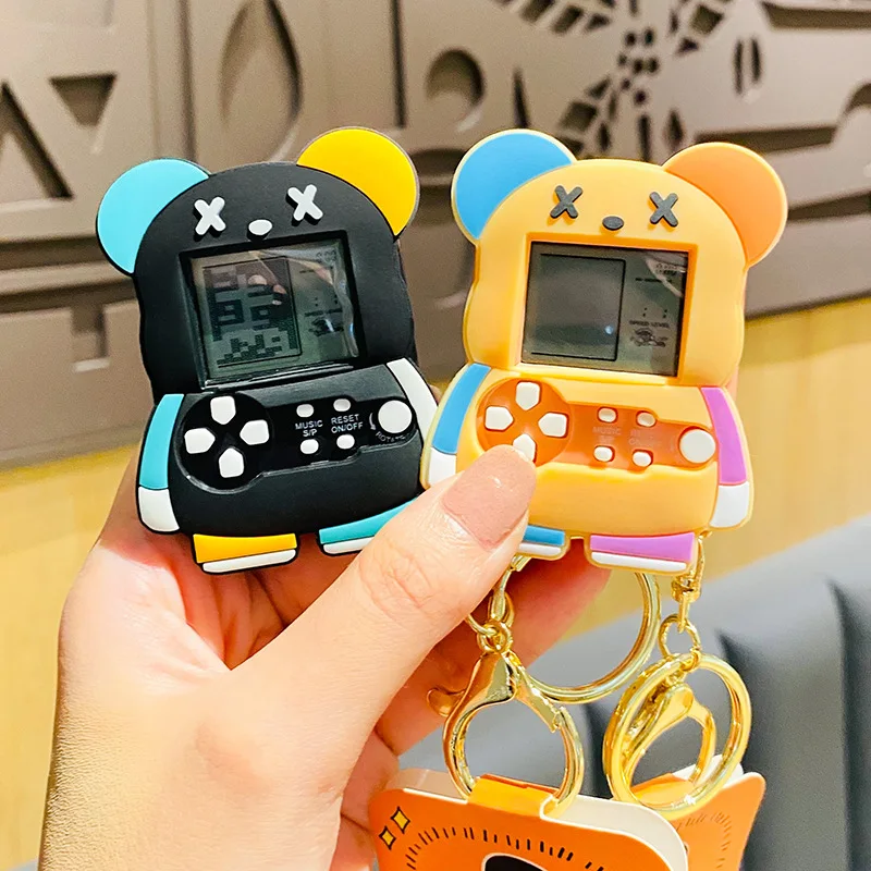 Creative Happy Bear Paw Handheld Game Console Cartoon Car Key Chain Bag Pendant Cute Splicing Color XX Eyes Bear Keychain Gift