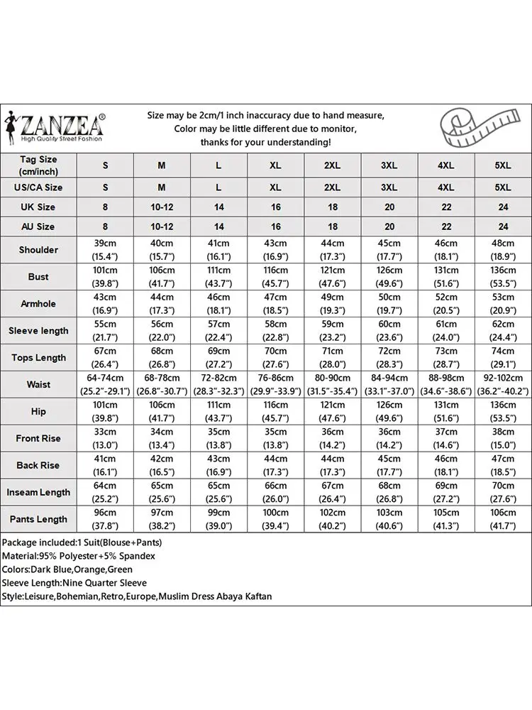 ZANZEA Muslim Fashion 2024 Autumn Matching Sets Printing Tops Casual Women Loose 2pcs Outfits Wide Leg Trousers Suits Pant Sets