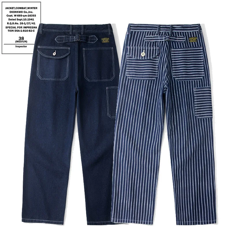 Amekaji Wabash Double-Stripe Miner Pants for Men | 12oz 100% Cotton Multi-Pocket Denim Cargo Work Trousers | Full-Length OKONKWO