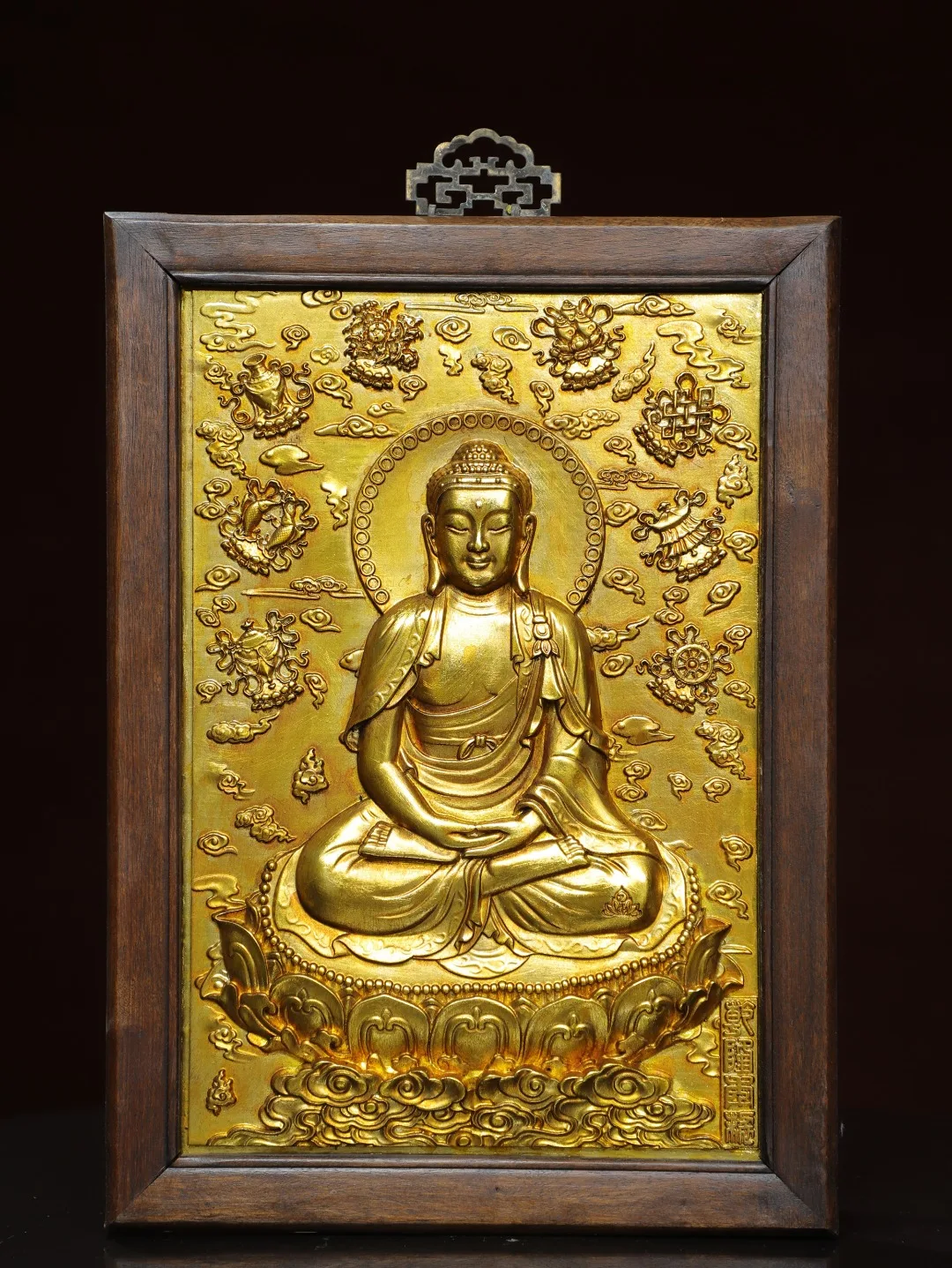 

16"Tibetan Temple Collection Old Rosewood Painted Gilded Amitabha Shakyamuni Sitting Buddha Thangka Wall hanging Worship Hall