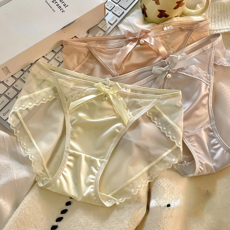 Women Bow Satin Lace Panties Sexy Net Mesh Breathable Ultra Thin Seamless Briefs Mid Waist Female Underpants Underwear