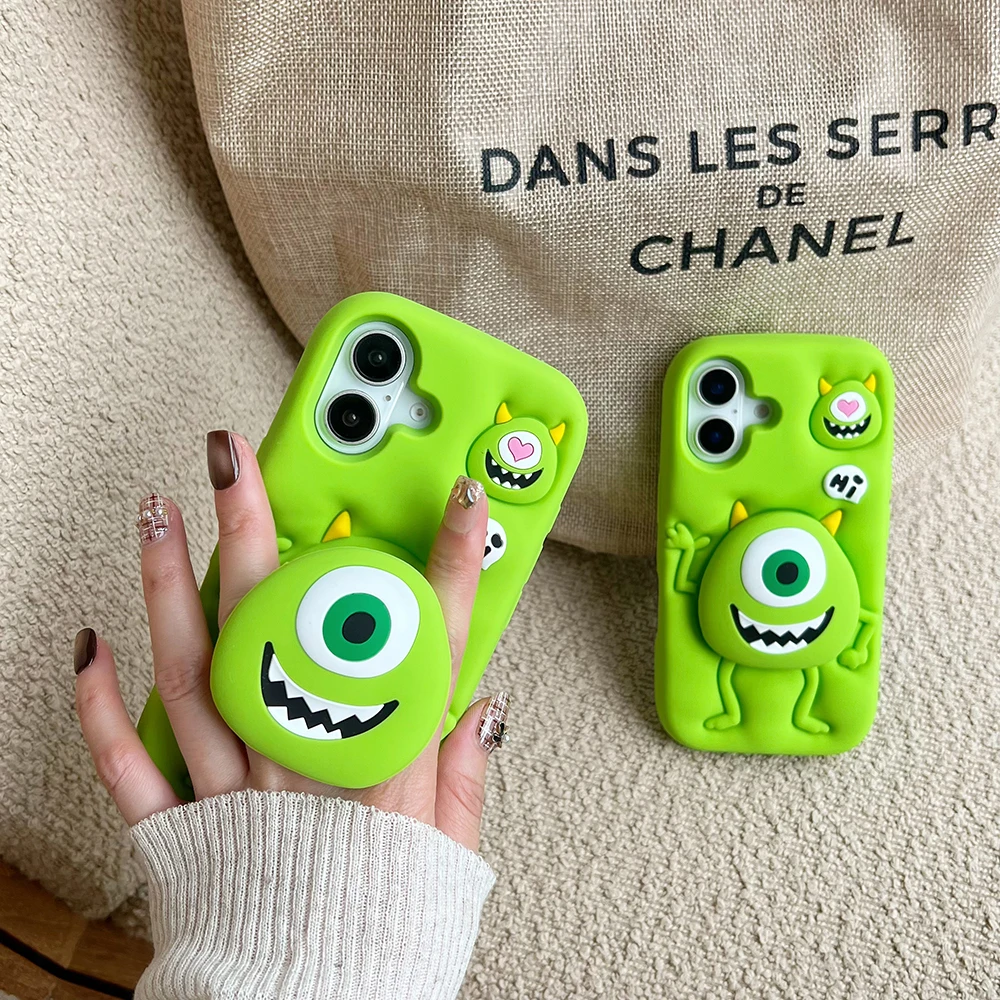 Cute Cartoon Monsters Cover With Stand Holder For iPhone 16 15 14 Plus 13 Pro Max Soft Silicone Case