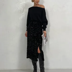 Stock Paillettenrock Silber, Midi -Röcke, Schlitz, hohe Taille, lang, Vintage, Punk, elegant, sexy, Sommer 8 Hauptverkäufe schwarzer Metallic -Rock - №3