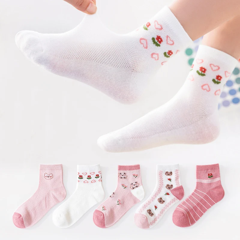 5Pairs/lot 2022 Spring Summer Mesh Thin Girls Clothing Kids Socks Cute Cartoon Leisure Sports Breathable Children Cotton Socks