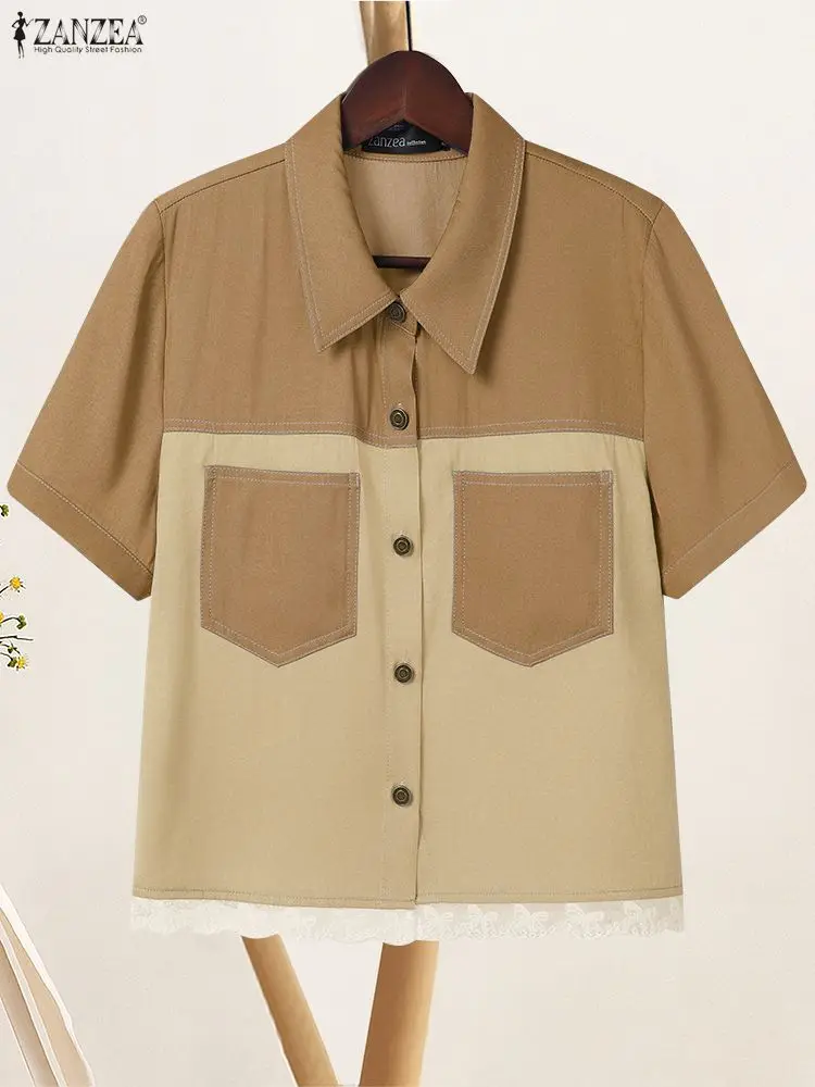 

ZANZEA 2022, летние рубашки, женские элегантные офисные рубашки, лоскутная блузка с короткими рукавами и лацканами, повседневные топы на пуговицах, большие размеры
